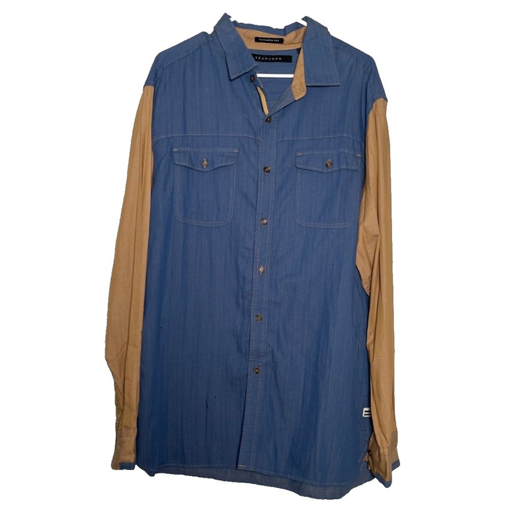 Sean John Shirt Men's 2XL Blue Brown Color Block Tailored Fit